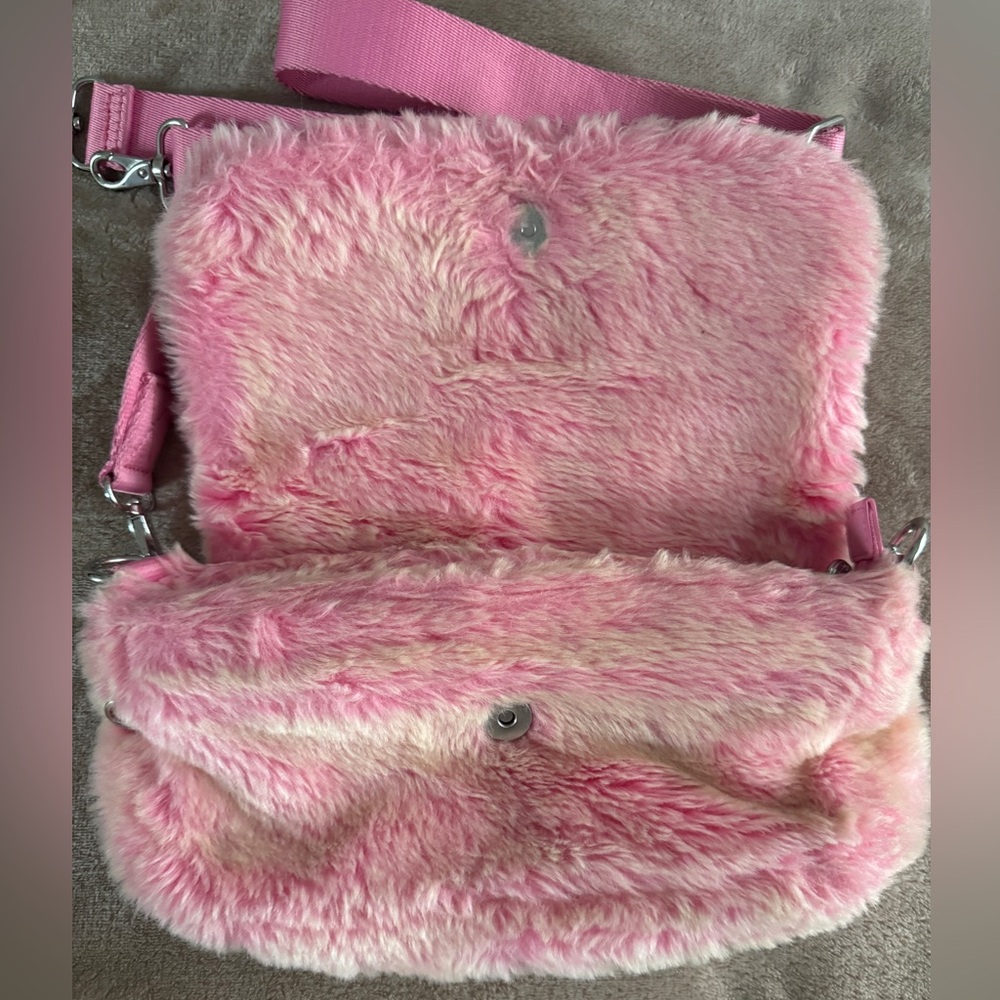 Kipling Aras Furry Shoulder Bag Pink Y2K Barbiecore Faux Fur - Picture 7 of 13